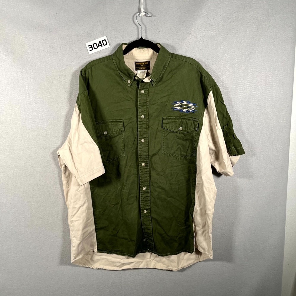Vintage Rustler by Wrangler Shirt Mens XL Green Beige Embroidered Patch